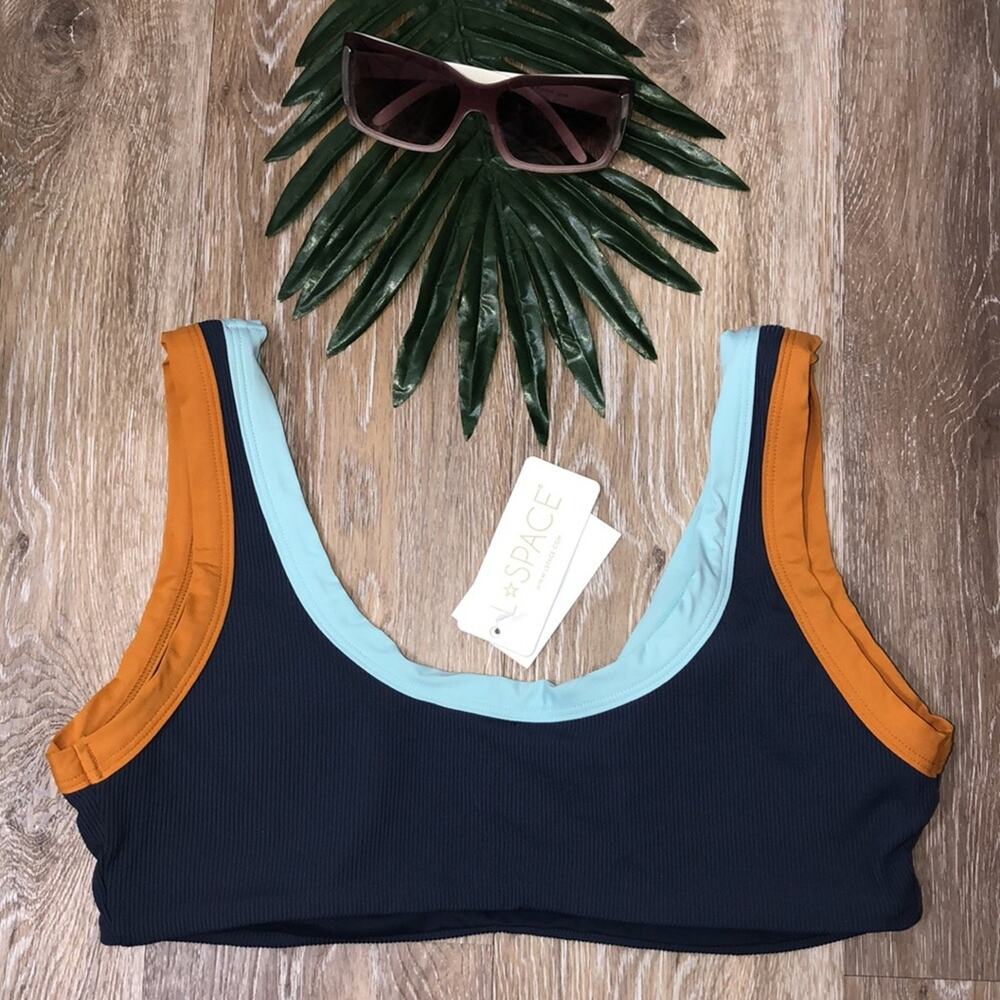 L*Space Lala Ribbed Colorblock Bikini Top in Slate Pool Blue Inca Gold XL NWT - Picture 4 of 6